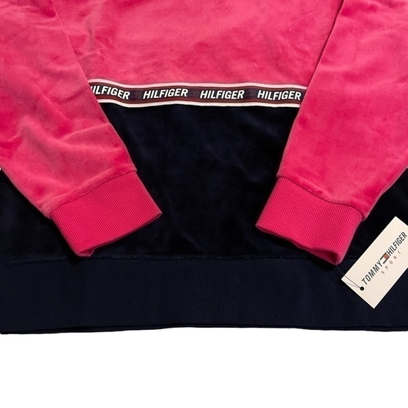 Women’s TOMMY HILFIGER Sport Pink and Black Velour Crewneck Sweatshirt Top NWT - Picture 3 of 6